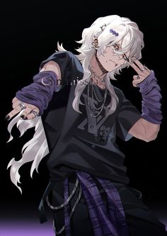 an anime character with long white hair and black shirt holding his finger up to the side