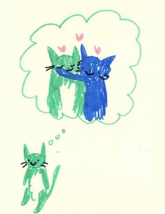 drawing of two cats in the clouds with hearts on their heads and one cat looking at each other