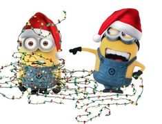 two minion characters dressed up as santa hats and holding hands in front of christmas lights