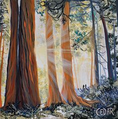 a painting of trees in the woods with sunlight coming through them