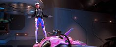 a woman standing on top of a pink car in a sci - fi world environment