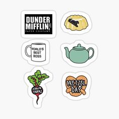 stickers with different types of food and drink on them, including coffee mugs