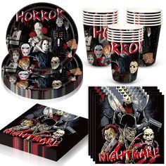 a set of halloween themed party supplies including plates, napkins and cups with images of horror characters on them