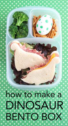 a bento box with broccoli, meat and vegetables in it that says how to make a dinosaur bento box