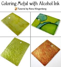 four different colored metal cutting boards on top of each other with the words, coloring metal with alcohol ink