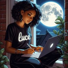 a woman sitting on a window sill using a laptop computer at night with the moon in the background