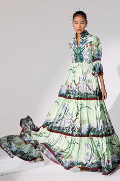 Shop for Limerick by Abirr N' Nanki Green Crepe Printed Maxi Dress for Women Online at Aza Fashions Printed Maxi Dress Indian, Floral Zodiac, Long Dress Formal, Dress With Embroidery, Cutwork Embroidery, Green Maxi, Embroidered Maxi Dress, Maxi Dress Online, Best Wedding Dresses