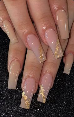 Acrylic Nails Nude, Brown Acrylic Nails, Gold Acrylic Nails, Long Acrylic Nail Designs, Acrylic Nails Coffin Pink, Long Square Acrylic Nails