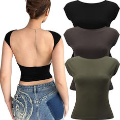 the back of a woman's cropped top with three different colors and sizes