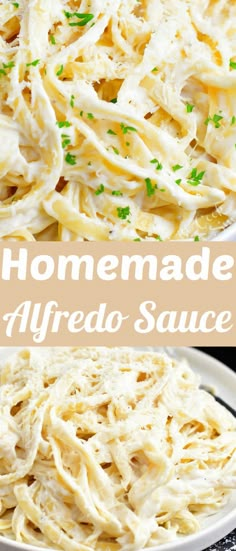 homemade alfredo sauce in a white bowl with parsley on top