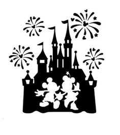 mickey and minnie mouse silhouettes in front of a castle with fireworks on the top