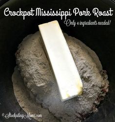 crockpot mississippi pork roast recipe in a slow cooker with text overlay