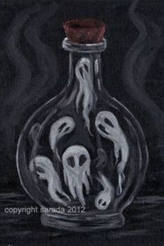 a black and white drawing of a bottle with skulls in it's mouth, on a dark background