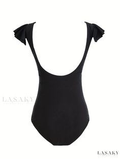 Lasaky - Womens Ruffle Tie Front Chain Embellished One-piece Swimsuit, Chic Black Cut Out and Ruched Backless Bathing Suit, Stylish Swimwear & Clothing Elegant Summer Club Swimwear, Elegant Summer Bodysuit For Club, Elegant Bodysuit For Club And Summer, Elegant Summer Club Bodysuit, Solid Color Beachwear Bodysuit For Parties, Elegant Bodysuit For Beach Season, Summer Evening Bodysuit, Elegant Party Bodysuit For Beach Season, Elegant Solid Swimwear For Club