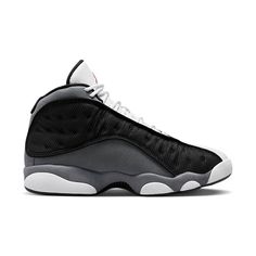 Get ready for the latest addition to the OG "Flight" series from Jordan Brand with the Air Jordan 13 in "Black Flint" colorway! This sleek and classic design features a mix of black, flint grey, and white, with perforated side panels highlighted in black 3M mesh. The mudguard and heels are accented with luxurious flint grey suede, while the red Jumpman branding adds a pop of color to the tongue, insole, and underfoot. Don't miss out on the release of these must-have kicks on April 22nd on KICKS Mid Top Shoes, Retro Nike, Tinker Hatfield, Retro Basketball Shoes, Jordan Model, Air Jordan 13 Retro, Jordan 13 Retro, Mid Top, Jordan 13