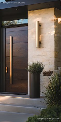 a modern entrance with two large planters on the steps and an entry door in the background