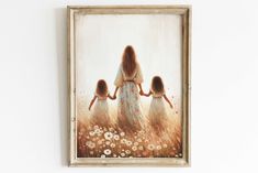 a painting of three girls holding hands in a field