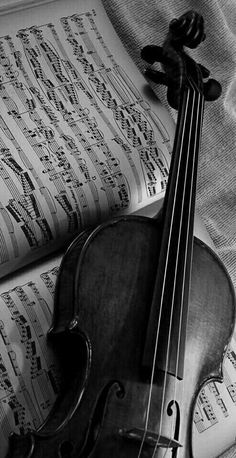 a violin sitting on top of an open book with music sheets in front of it