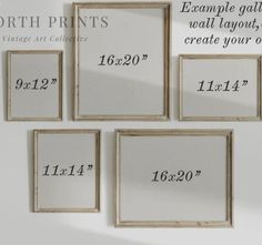 four framed pictures with numbers and measurements on them