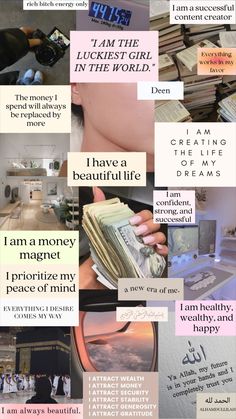 a collage of images with words and pictures on them that include money, magazines, newspapers