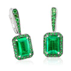 Emerald and Tsavorite Drop Earrings Stephen Silver, Hold Earrings, White Gold Drop Earrings, Original Jewelry Design, Diamond Earrings Design, Colored Gemstones, Big Three, Tsavorite Garnet, Colombian Emeralds