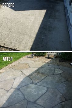 before and after photos of an outdoor patio with flagstone pavers laid on it