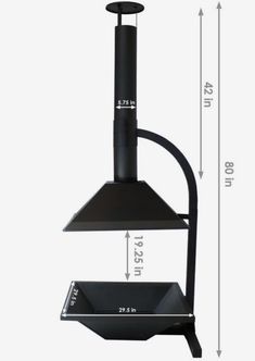 a black stove with measurements for the top and bottom shelf, including an open flame