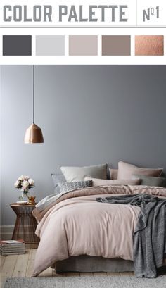 a bedroom with grey walls, pink bedding and white flooring is featured in the color palette n1