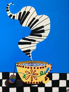 a painting of a black and white piano in a bowl on a checkered floor