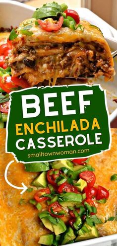 beef enchilada casserole with avocado and tomatoes on top