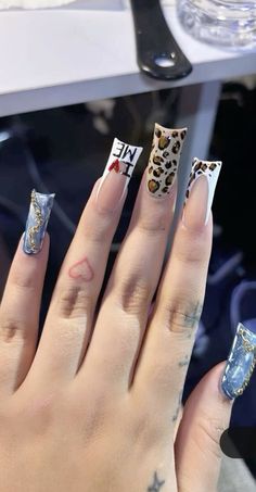 Coi Leray Nails, Nails Freestyle Design, Cheetah Duck Nails, Freestyle Nail Designs, Cute Freestyle Nails, Junk Nail Designs, Cute Duck Nails, Nail Freestyle, Duck Nail Designs