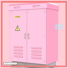 a pink locker with yellow stickers on the front and bottom, sitting against a pink background