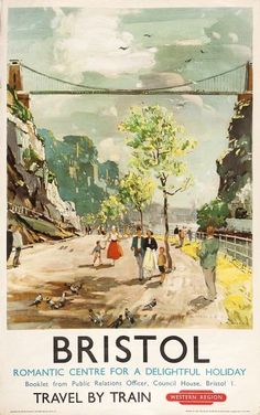 an old poster shows people walking on the street in front of a suspension bridge over water