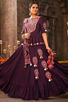 Navratri Special Purple Color Embroidered Work On Viscose Rayon Fabric ચણીયા ચોલી, Chaniya Choli Designs, Garba Dress, Navratri Garba, Navratri Dress, Navratri Chaniya Choli, Lehenga Designs Simple, Choli Designs, Navratri Special