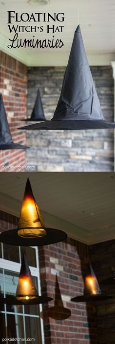 several different types of lights hanging from the ceiling in front of a brick building with text reading floating witch's hat luminaress