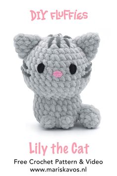 a crocheted cat sitting on top of a white background with the words lily the cat