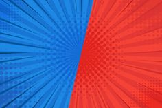 a red and blue background with halftone dots