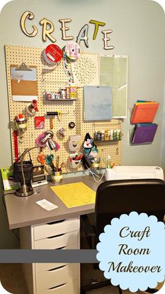 a craft room makeover with peg board and drawers