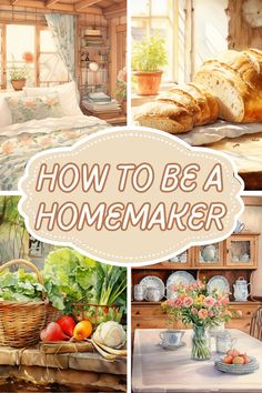 there is a collage of pictures with bread and other food items on the table