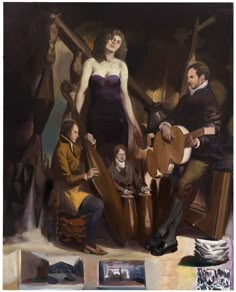 an oil painting of three people sitting in front of a woman holding a guitar and another man standing next to her