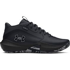 the under armour basketball shoe is black and has white accents on the upper part of the shoe