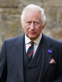 the prince of wales is wearing a suit and tie with a flower on his lapel