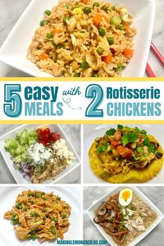 Busy week? Grab two rotisserie chickens and make five quick and delicious meals the whole family will love! From Greek Chicken Bowls to Chicken Fried Rice, these recipes save time without sacrificing flavor. Plus, there’s a master grocery list to make shopping even easier!