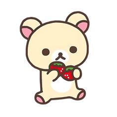 a white teddy bear holding a piece of food in its paws and eating it with both hands