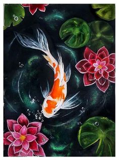 a painting of a koi fish surrounded by water lilies