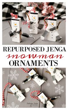 snowman ornament made from repurposed paper and ribbon with text overlay