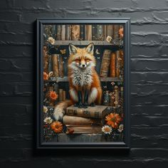 a painting of a fox sitting on top of a bookshelf filled with books