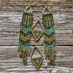 Triangle Drops Olive Turquoise and Gold Handwoven Brick - Etsy Adjustable Triangle Beaded Earrings, Bohemian Triangle Beaded Earrings, Beadwork Earrings, Beaded Fabric, Seed Beading, Brick Stitch Earrings, Turquoise And Gold, Fabric Beads, Triangle Earrings