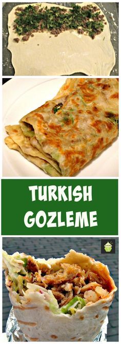 three different types of food are shown in this collage with the words turkish gozleme