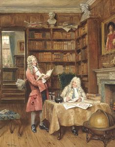 a painting of two children reading in a library